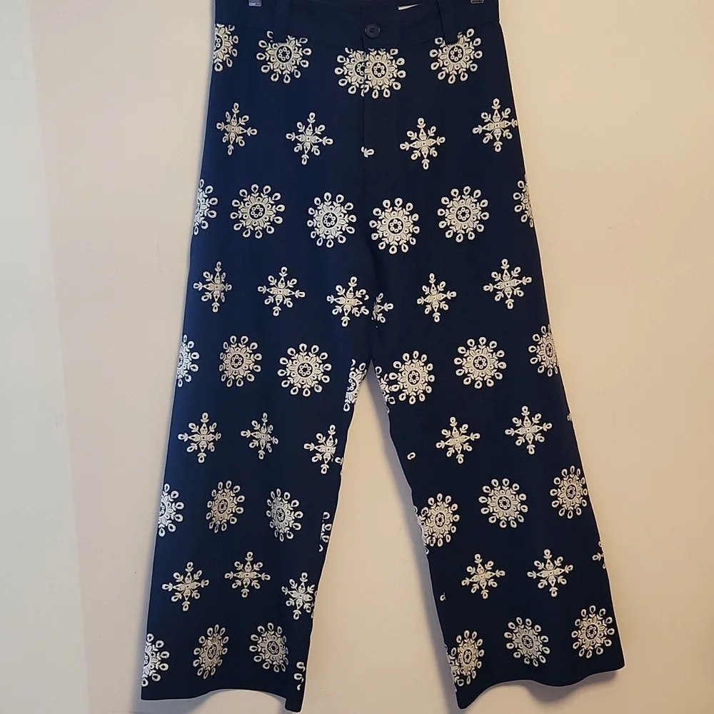 Zara Navy Linen Blend Contrast Embroidered Wide Leg Culottes M